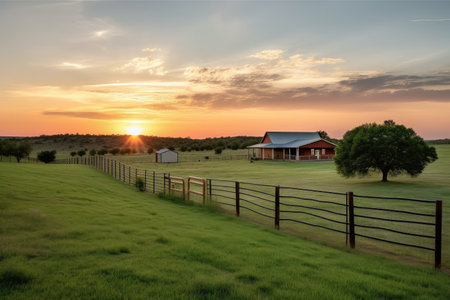 ranch with sweeping view of the sunset, surrounded by fields and pastures, created with generative aiの素材