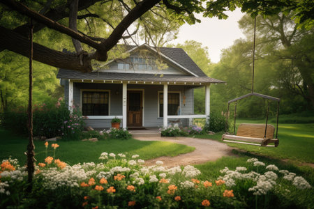 ranch house with porch swing, surrounded by blooming flowers and greenery, created with generative aiの素材