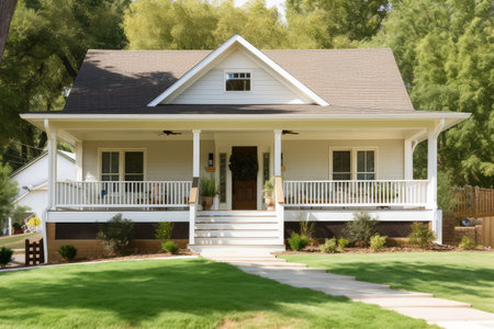 classic, timeless ranch house exterior with a wooden front porch and white exterior, created with generative aiの素材