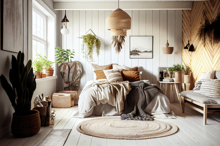 room with scandi-boho interior, featuring light wooden flooring and natural textures, created with generative aiの素材