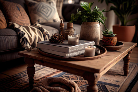 rustic wooden coffee table with scandi and boho decor, created with generative aiの素材