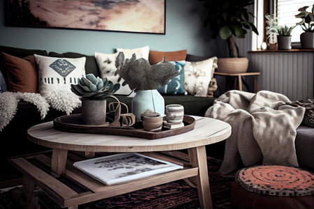 rustic wooden coffee table with scandi and boho decor, created with generative aiの素材