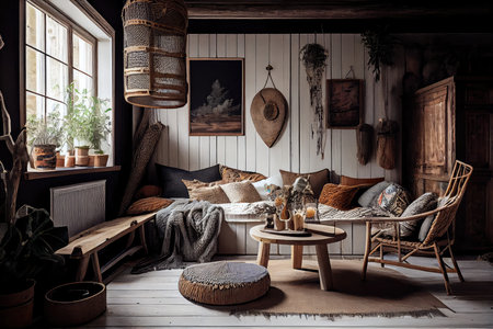 scandinavian-boho interior with natural textures and warm wooden accents, created with generative aiの素材