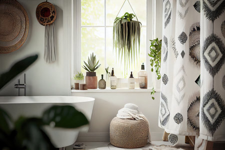 chic scandinavian shower with boho shower curtain and faux plants, created with generative aiの素材