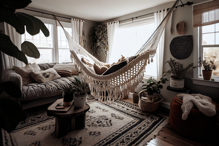 cozy living room with patterned rug and macrame hammock, created with generative aiの素材