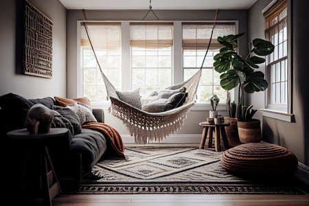 cozy living room with patterned rug and macrame hammock, created with generative aiの素材