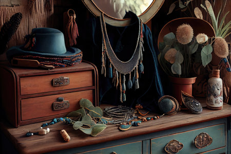 vintage dresser filled with boho-chic accessories, including jewelry and natural materials, created with generative aiの素材