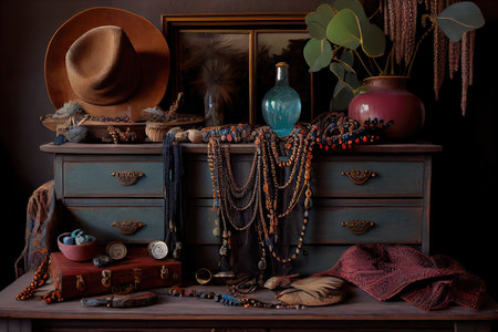 vintage dresser filled with boho-chic accessories, including jewelry and natural materials, created with generative aiの素材