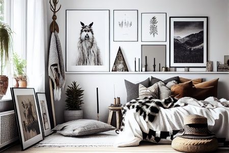 minimalist scandihome with boho accents, such as plaid and faux fur, created with generative aiの素材