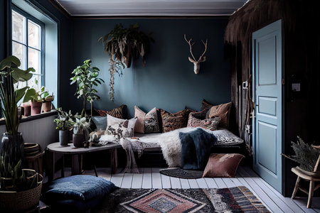 scandinavian-boho home with painted walls, patterned rugs, and natural textures, created with generative aiの素材