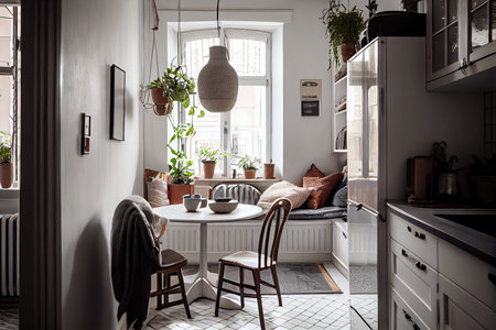 breakfast nook, with view of the kitchen and vintage details, in scandi-boho style apartment, created with generative aiの素材