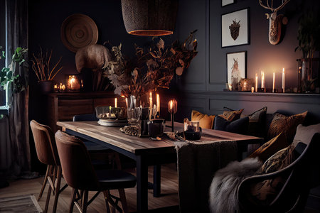 scandi-boho dining room, with moody lighting and eclectic decor, created with generative aiの素材
