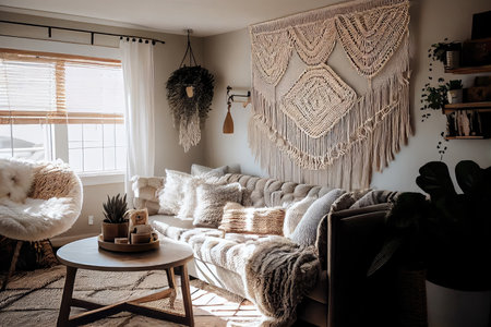 boho living room with macrame wall hanging, natural light, and cozy fur rug, created with generative aiの素材