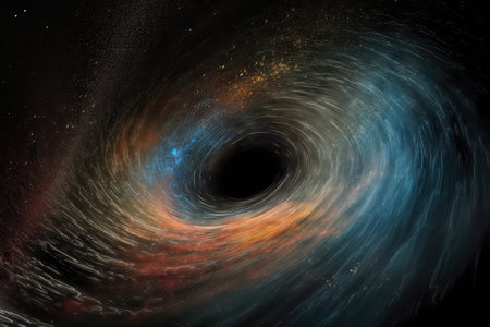 black hole, surrounded by swirl of colorful gases and dust, in motion, created with generative aiの素材