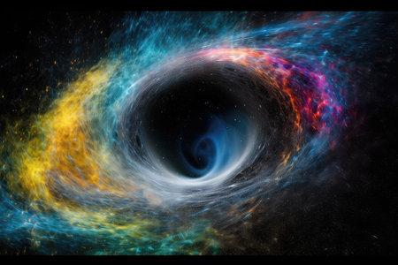 black hole, surrounded by swirl of colorful gases and dust, in motion, created with generative aiの素材