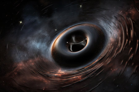 black hole surrounded by swirling accretion disk, with matter being pulled into the gravitational well, created with generative aiの素材