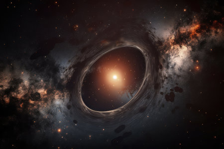 black hole surrounded by nebula, with stars and planets in the background, created with generative aiの素材