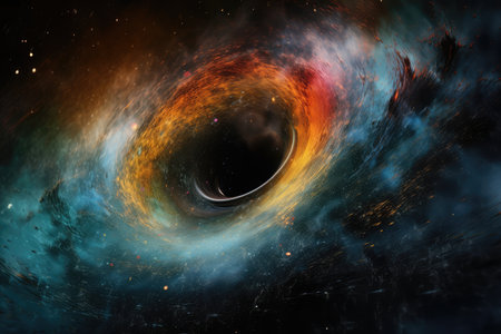 black hole, surrounded by swirl of colorful gases and dust, created with generative aiの素材