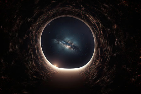 person, exploring the outer edges of black holes event horizon, with stars in the background, created with generative aiの素材