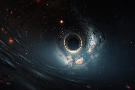 black hole surrounded by vortex of time and space, with planets, stars, and galaxies in the background, created with generative aiの素材