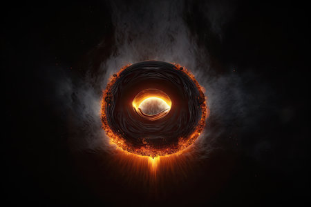 black hole surrounded by ring of fire, with jets of hot plasma shooting out and lighting up the darkness, created with generative aiの素材