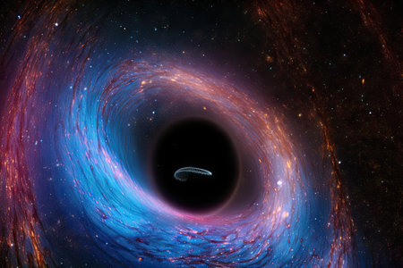 black hole, surrounded by swirl of colorful gases and dust, with view of distant galaxies visible in the background, created with generative aiの素材