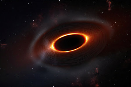 black hole surrounded by glowing ring of material being pulled into its event horizon, created with generative aiの素材
