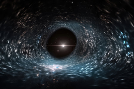 black hole, surrounded by swarm of particles and light, with view into other dimensions, created with generative aiの素材