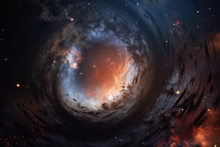 black hole surrounded by swirl of gases and debris, with stars shining in the background, created with generative aiの素材