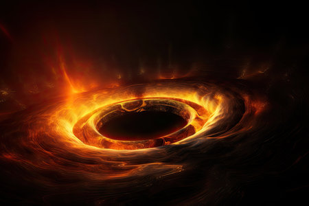 black hole surrounded by vortex of energy, emitting beams of light and heat, created with generative aiの素材