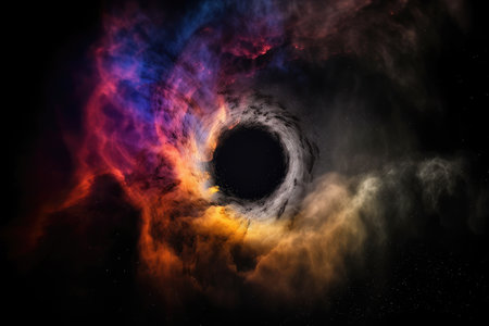 black hole, surrounded by colorful and nebulous cloud of gas and dust, created with generative aiの素材