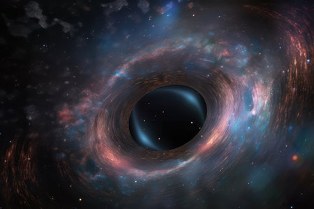 black hole, surrounded by swirl of colorful gases and dust, within starry galaxy, created with generative aiの素材