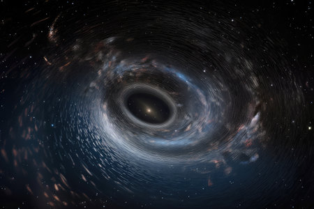 black hole, surrounded by swirling vortex of space and time, with stars and galaxies visible in the background, created with generative aiの素材