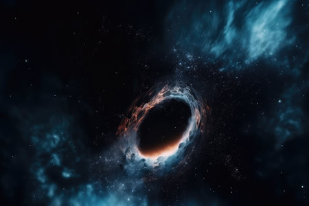 black hole surrounded by nebula, with mysterious and beautiful lights shining, created with generative aiの素材