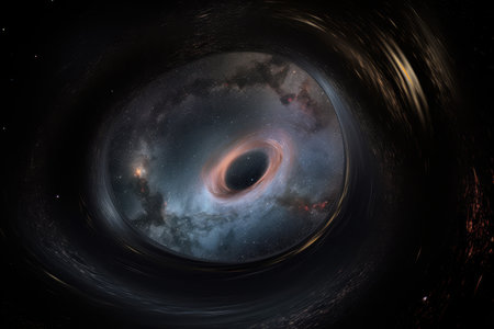 a black hole, surrounded by a swirl of colorful gases and dust, created with generative aiの素材