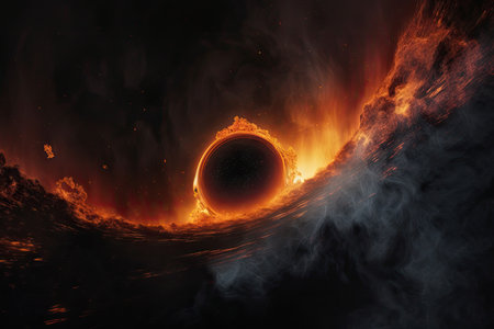 black hole, surrounded by burning hot plasma, with view of distant galaxy in the background, created with generative aiの素材