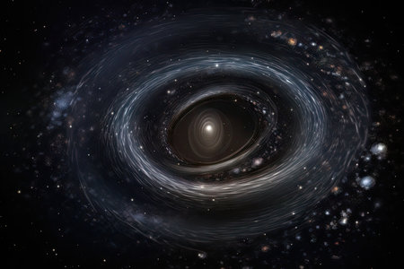 black hole with swirling accretion disk, surrounded by stars and galaxies, created with generative aiの素材