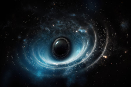black hole with swirling accretion disk, surrounded by stars and galaxies, created with generative aiの素材