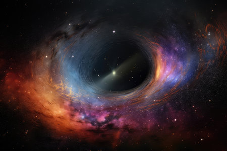 black hole, surrounded by swirl of colorful gases and dust, with view of distant starry sky, created with generative aiの素材