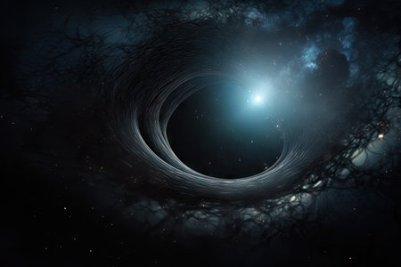 black hole, with view of distant star system, in a tranquil and serene setting, created with generative aiの素材