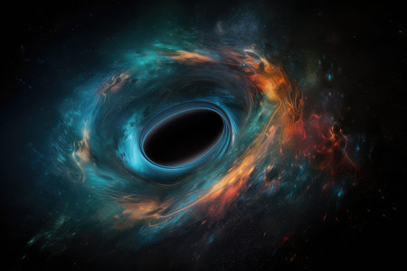 black hole, surrounded by swirl of colorful gases and dust, created with generative aiの素材