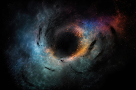 black hole, surrounded by swirl of colorful gases and dust, created with generative aiの素材