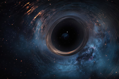 black hole, with its event horizon and accretion disk visible, surrounded by swirl of gases and dust, created with generative aiの素材