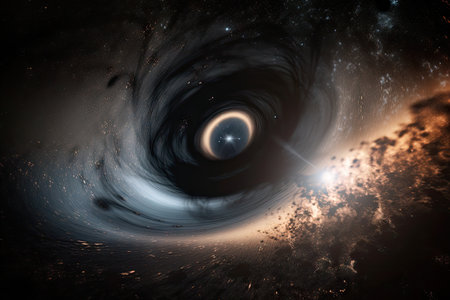 black hole, surrounded by swirl of celestial objects and light, taken from moment before massive event, created with generative aiの素材