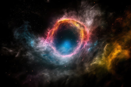 black hole surrounded by swirl of colorful gases and dust, created with generative aiの素材