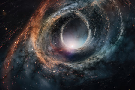 black hole, surrounded by swirl of colorful gases and dust pulled into its gravitational field, created with generative aiの素材
