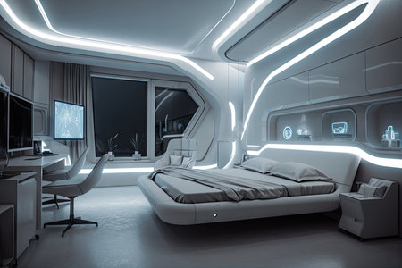 futuristic bedroom, with sleek and modern furniture, calm lighting and touch of metallic accents, created with generative aiの素材