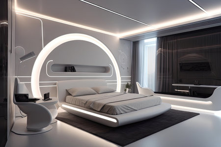 futuristic bedroom, with sleek and modern furniture, calm lighting and touch of metallic accents, created with generative aiの素材
