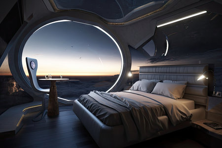 luxury bedroom with stunning views of the stars and planets from a spaceship window, created with generative aiの素材