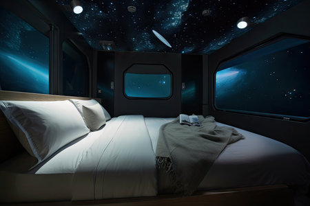 simulated zero-gravity bedroom, with floating sheets and pillows, and starry night sky visible through the window, created with generative aiの素材